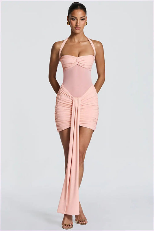 Knot Front Halter Dress with Ruched Tail Skirt - After Dark Elegance - Bodycon - Date Night • Dresses • Evening Wear