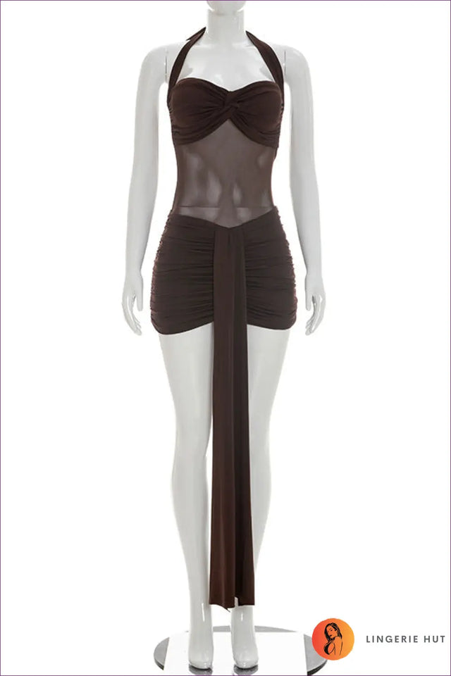 Knot Front Halter Dress with Ruched Tail Skirt - After Dark Elegance