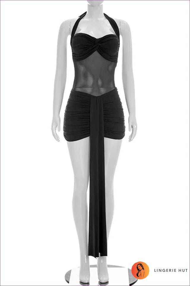 Knot Front Halter Dress with Ruched Tail Skirt - After Dark Elegance