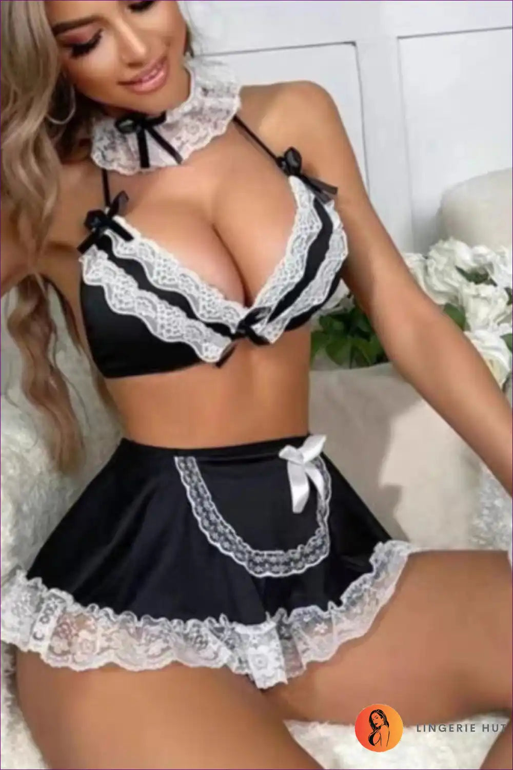 Lace Backless Maid Bra & Panty Set - Colour Block Design for Backless, Boudoir, Costume, Everyday, Lace