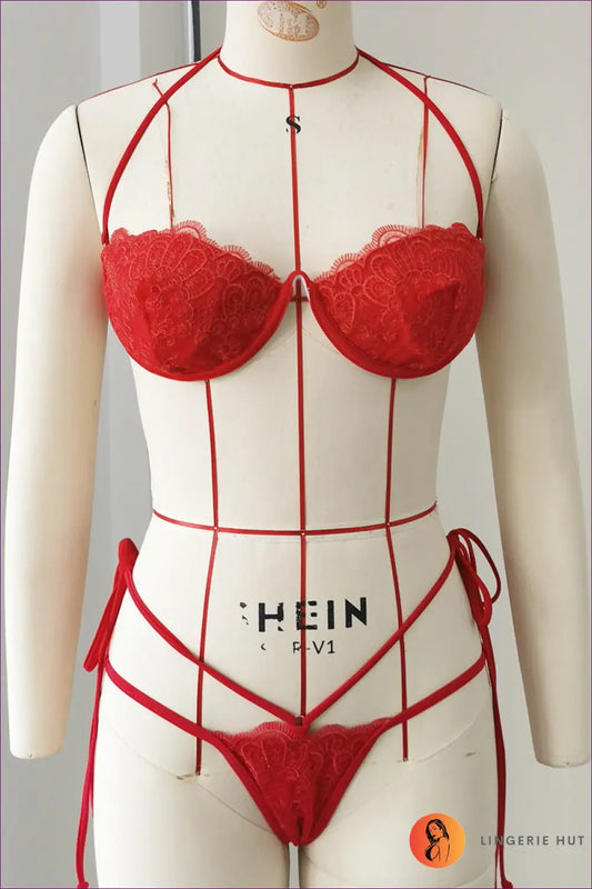 Lace Bandeau Bikini with Cross-tie Bottoms - Confident Beach Days - s / Red - Beachwear • Boho • Cut-out - Lingerie Hut
