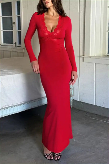 Lace Bodice Maxi Dress with Long Sleeves and V-neck for Bodycon, Dresses, Evening Wear, Formal