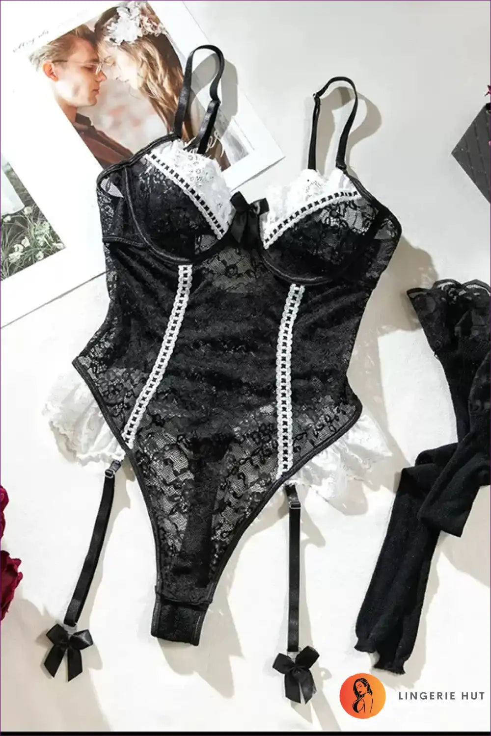 Lace Bodysuit with Garter Detail – Soft Romance Mood for All Season, Bodysuit, Boudoir, Cutout,