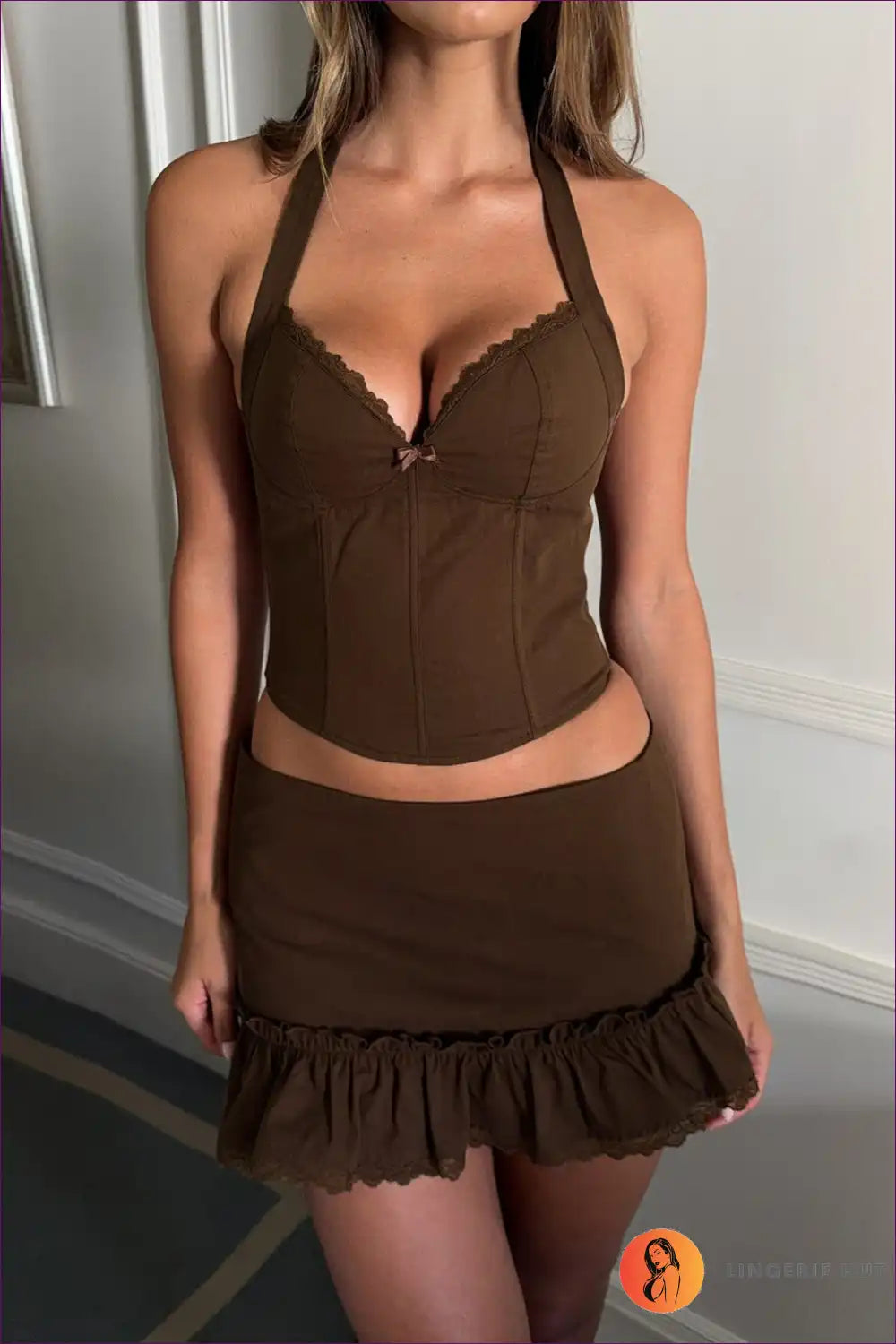 Lace Bow Bustier Top and Ruffle Skirt Set - Playful Retro Mood for Casual, co Ord, Crop, Date Night,