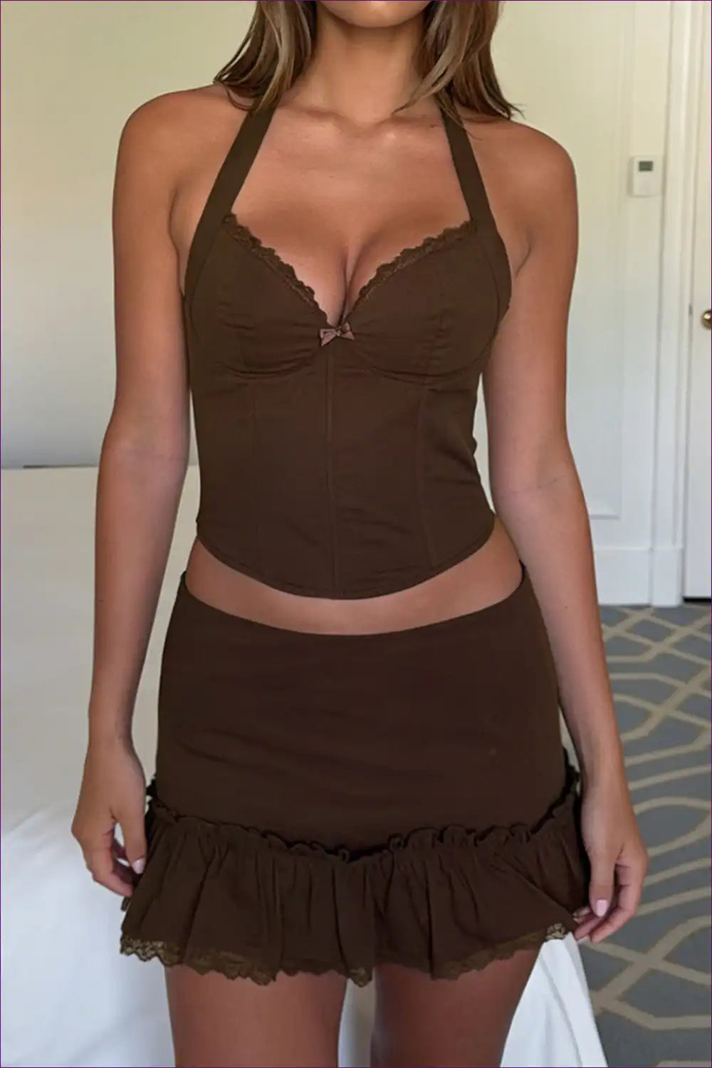 Lace Bow Bustier Top and Ruffle Skirt Set - Playful Retro Mood for Casual, co Ord, Crop, Date Night,