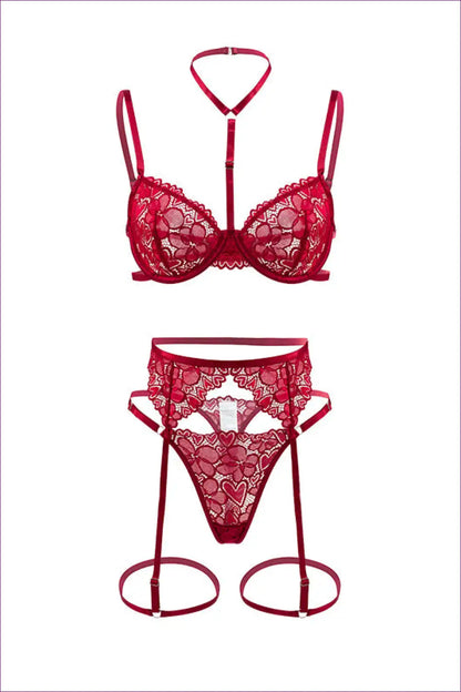 Lace Bra & Brief Set with Embroidered Cutouts - Delicate Floral for Boudior, Cutout, Date Night, Floral, Lace