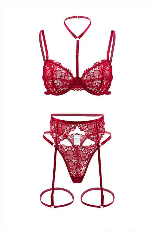 Lace Bra & Brief Set with Embroidered Cutouts - Delicate Floral for Boudior, Cutout, Date Night, Floral, Lace
