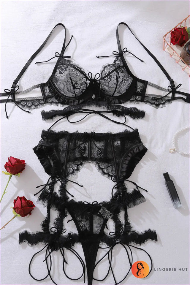 Lace Bra Set with Garter and Ruffle Trim - Worth a Second Look