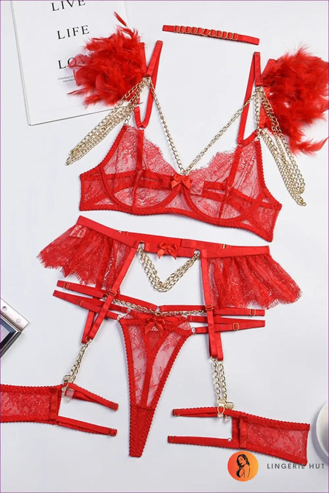 Lace Bra Set with Feather Detail - Bold But Wearable