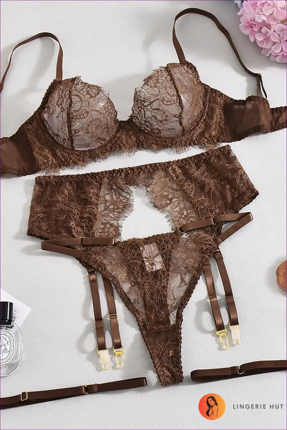 Lace Bra Set with Garter Belt - Quiet Confidence - Coffee / s - All Season • Boudoir • Date Night - Lingerie Hut