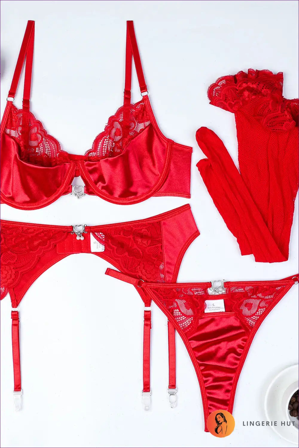 Lace Bra Set with Garter & Stockings - Festive Glamour Edit - s / Red - Lingerie Hut - Boudoir • Cutout • Fishnet