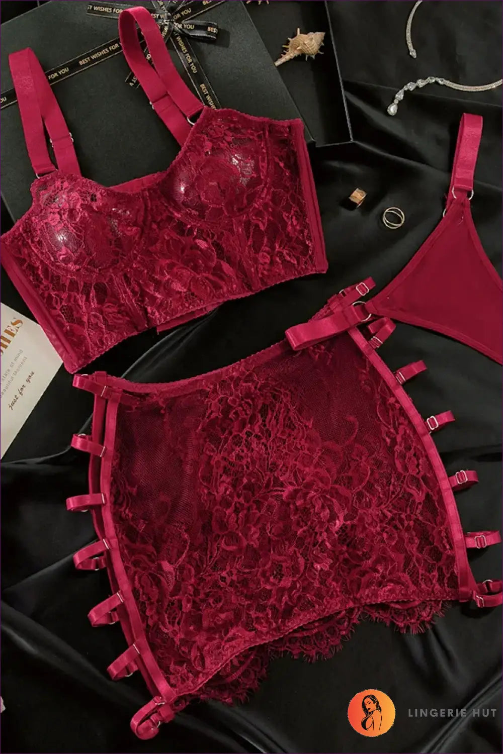 Lace Bra Set with Sheer Skirt & Harness - After-dark Attitude - Burgundy / s - Bodysuit - Lingerie Hut - All Season