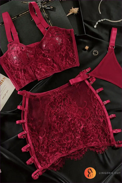 Lace Bra Set with Sheer Skirt & Harness - After-dark Attitude - Burgundy / s - Bodysuit - Lingerie Hut - All Season