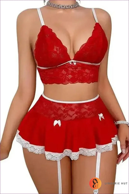 Lace Bralette Set with Bow Trim Garter Clips - Sweetheart Edge - Red 5 / s - Lingerie - just in • Hut