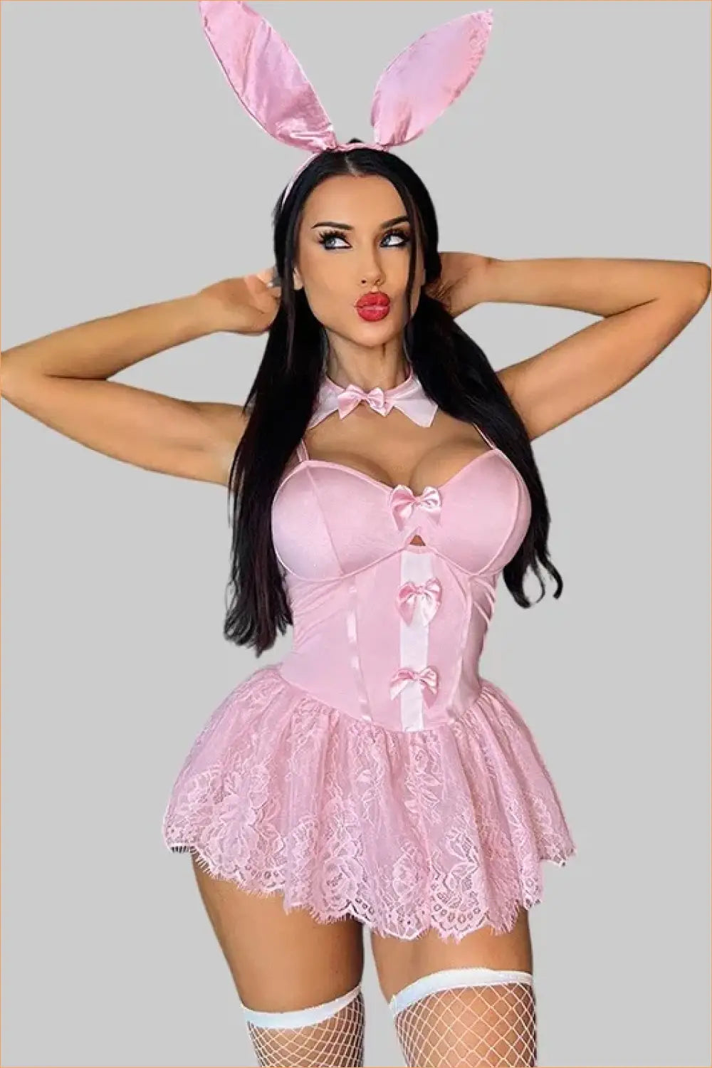 Lace Bunny Costume Set with Satin Bows and Ears - Playful Charm - Clubwear • Halloween • just in • Night out - Lingerie
