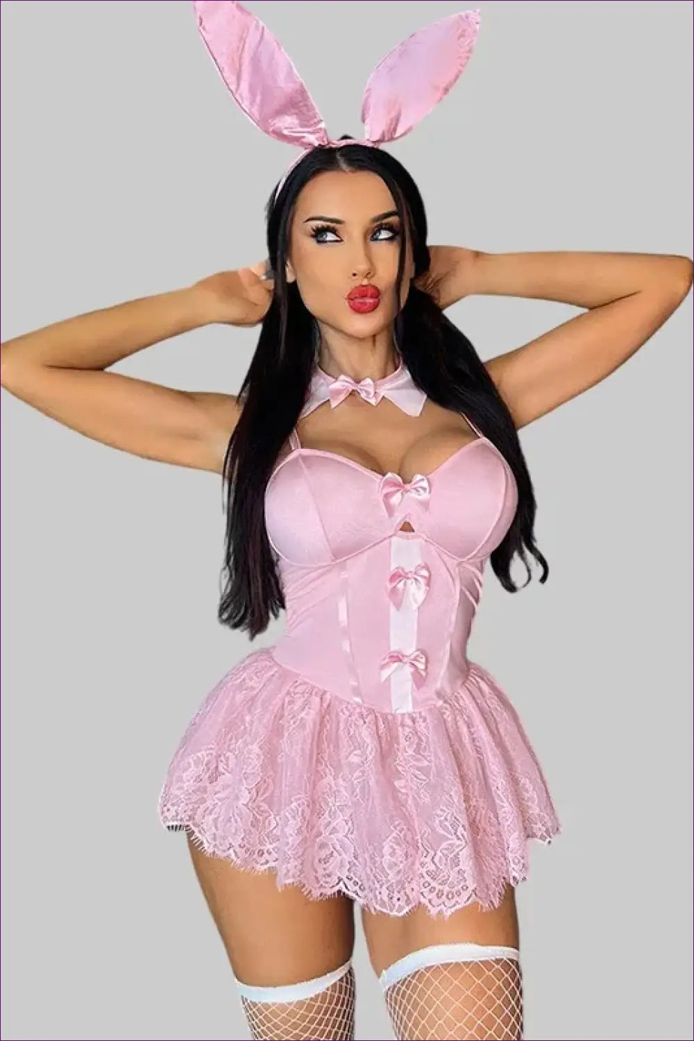Lace Bunny Costume Set with Satin Bows and Ears - Playful Charm - Clubwear • Halloween • just in • Night out - Lingerie