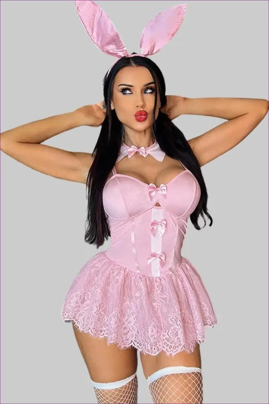 Lace Bunny Costume Set with Satin Bows and Ears - Playful Charm - Clubwear • Halloween • just in • Night out - Lingerie