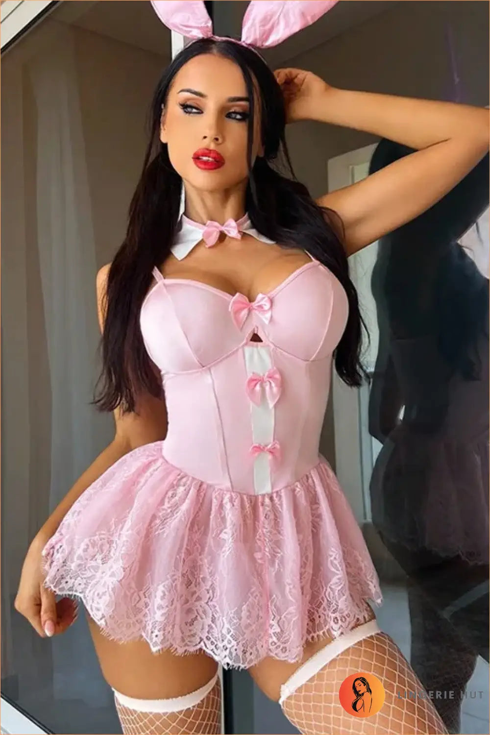Lace Bunny Costume Set with Satin Bows and Ears - Playful Charm - Clubwear • Halloween • just in • Night out - Lingerie