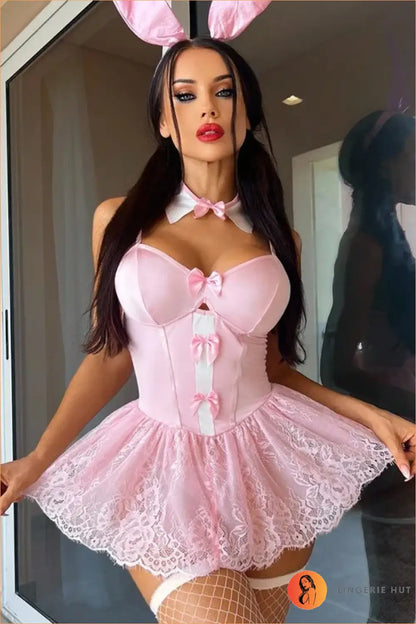 Lace Bunny Costume Set with Satin Bows and Ears - Playful Charm - Clubwear • Halloween • just in • Night out - Lingerie
