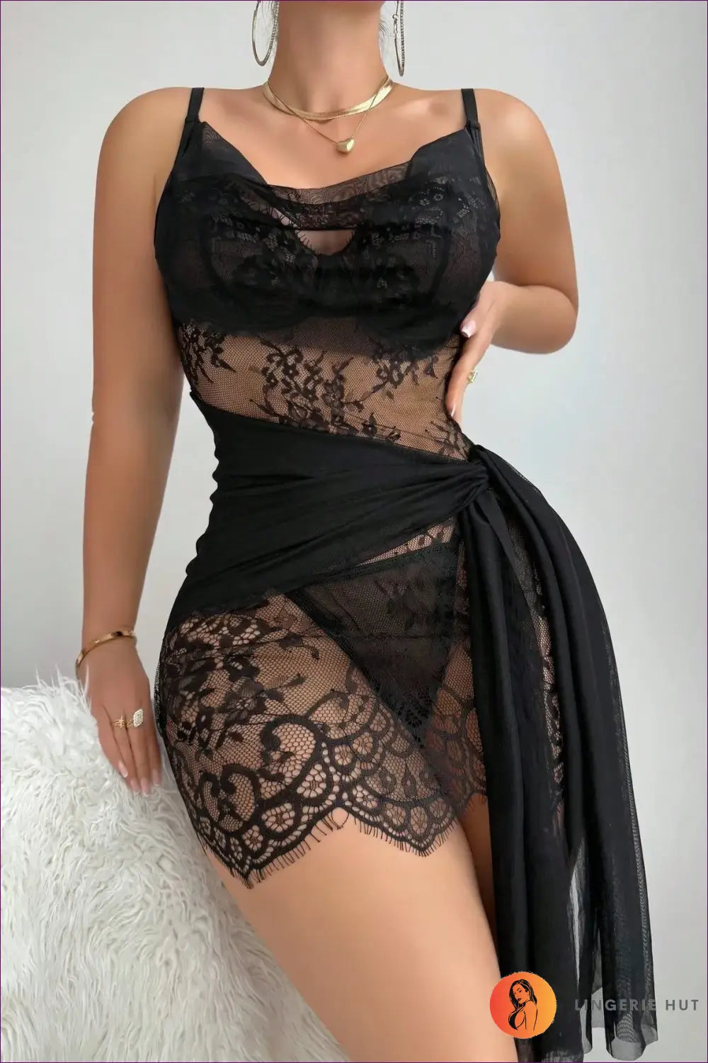 Lace Chemise Nightdress with Sheer Wrap - Effortless Allure - Black / s - Lingerie Hut - All Season • Boudoir