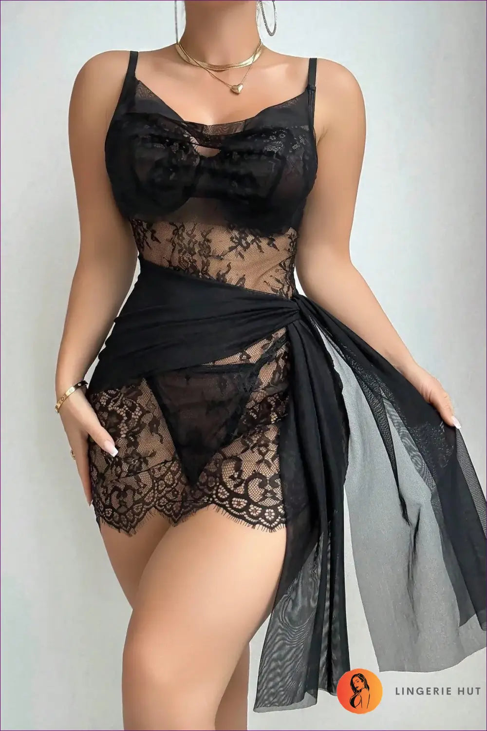 Lace Chemise Nightdress with Sheer Wrap - Effortless Allure - Lingerie Hut - All Season • Boudoir • Honeymoon • Lace