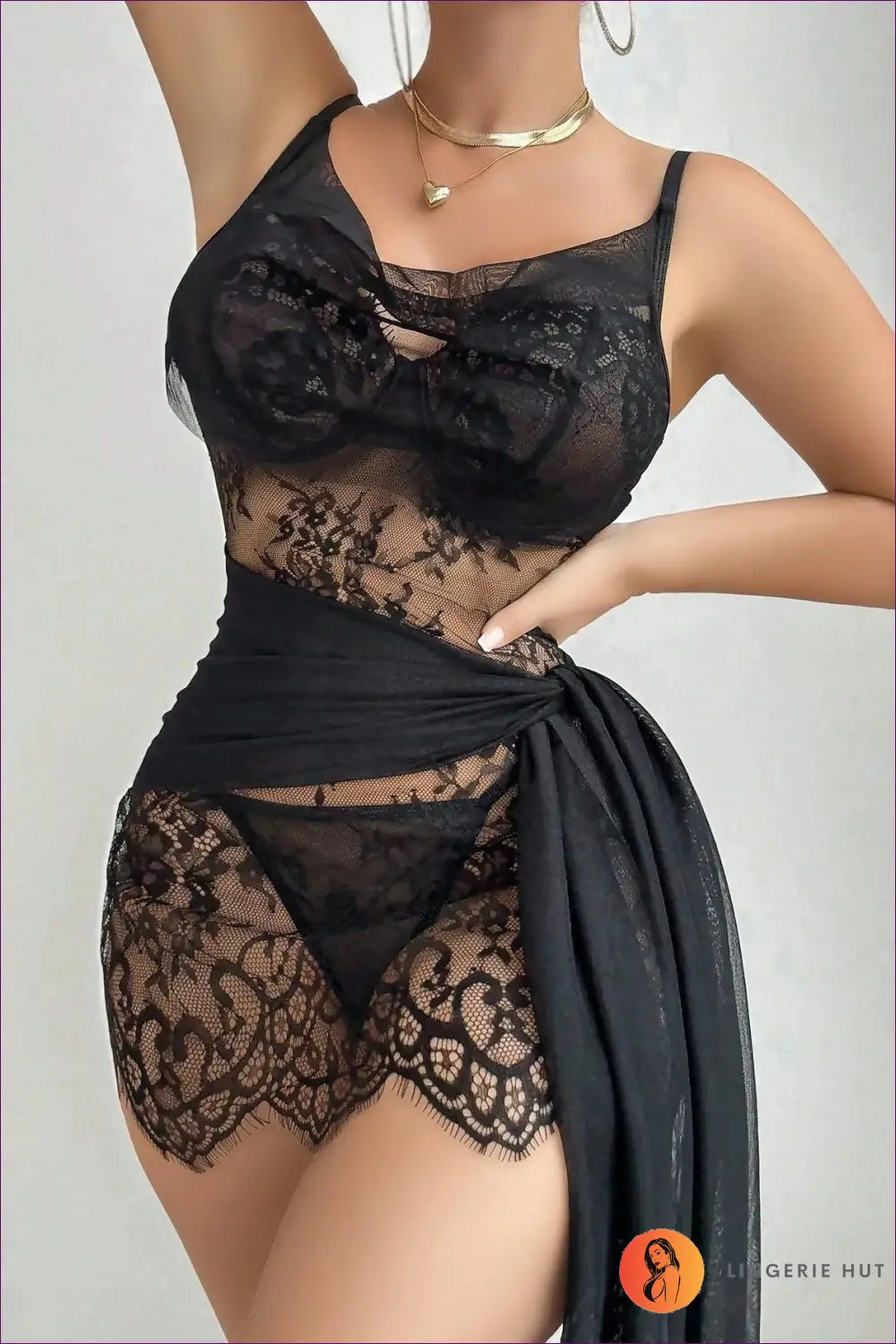 Lace Chemise Nightdress with Sheer Wrap - Effortless Allure - Lingerie Hut - All Season • Boudoir • Honeymoon • Lace