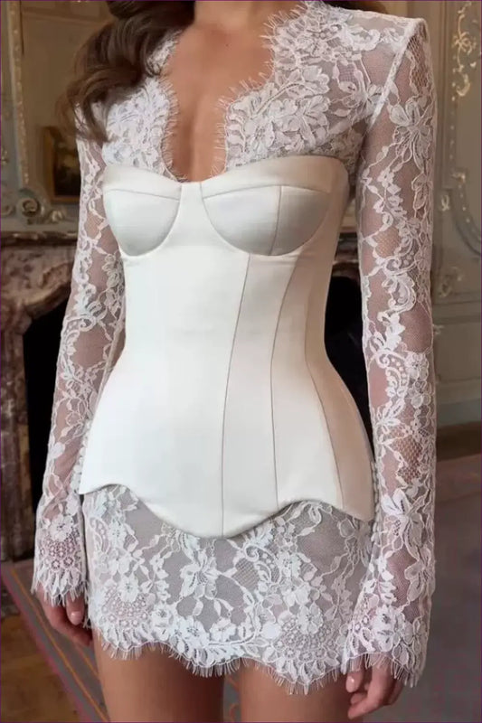 Lace Corset Mini Dress with Long Sleeves - Bridal Boudoir Elegance - Bodycon - Dresses • just in • Lingerie Hut