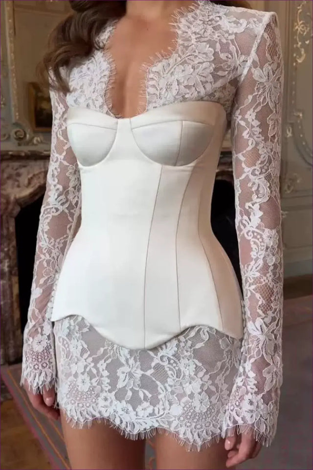 Lace Corset Mini Dress with Long Sleeves - Bridal Boudoir Elegance