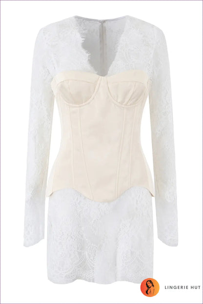 Lace Corset Mini Dress with Long Sleeves - Bridal Boudoir Elegance - s / Set - Bodycon - Dresses • just in • Lingerie