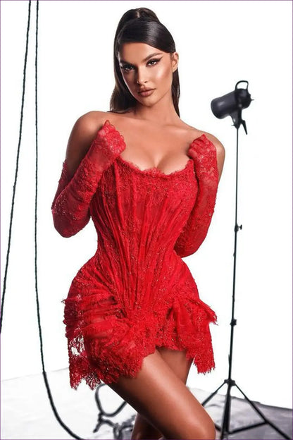 Lace Corset Mini Dress - Matching Gloves - Bodycon • Elegant • Floral - Girlsdy