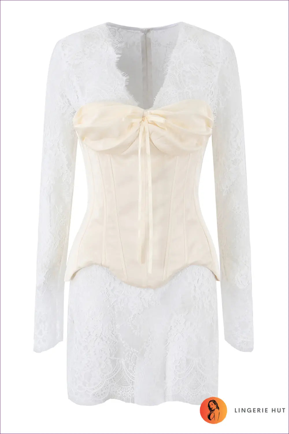 Lace Corset Mini Dress with Sheer Sleeves - Wedding Night Romance - s / White Suit - Bodycon - Bridal • Dresses