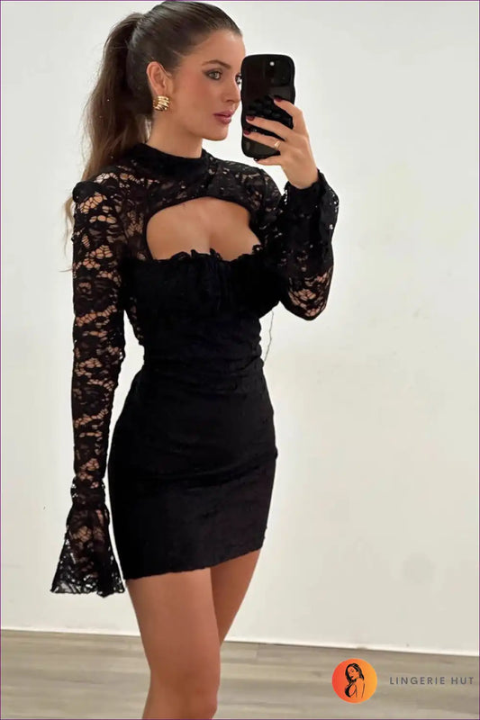 Lace Cutout Bodycon Dress with Sheer Sleeves Party Ready for Bodycon, Clubwear, Cutout, Date Night, Evening