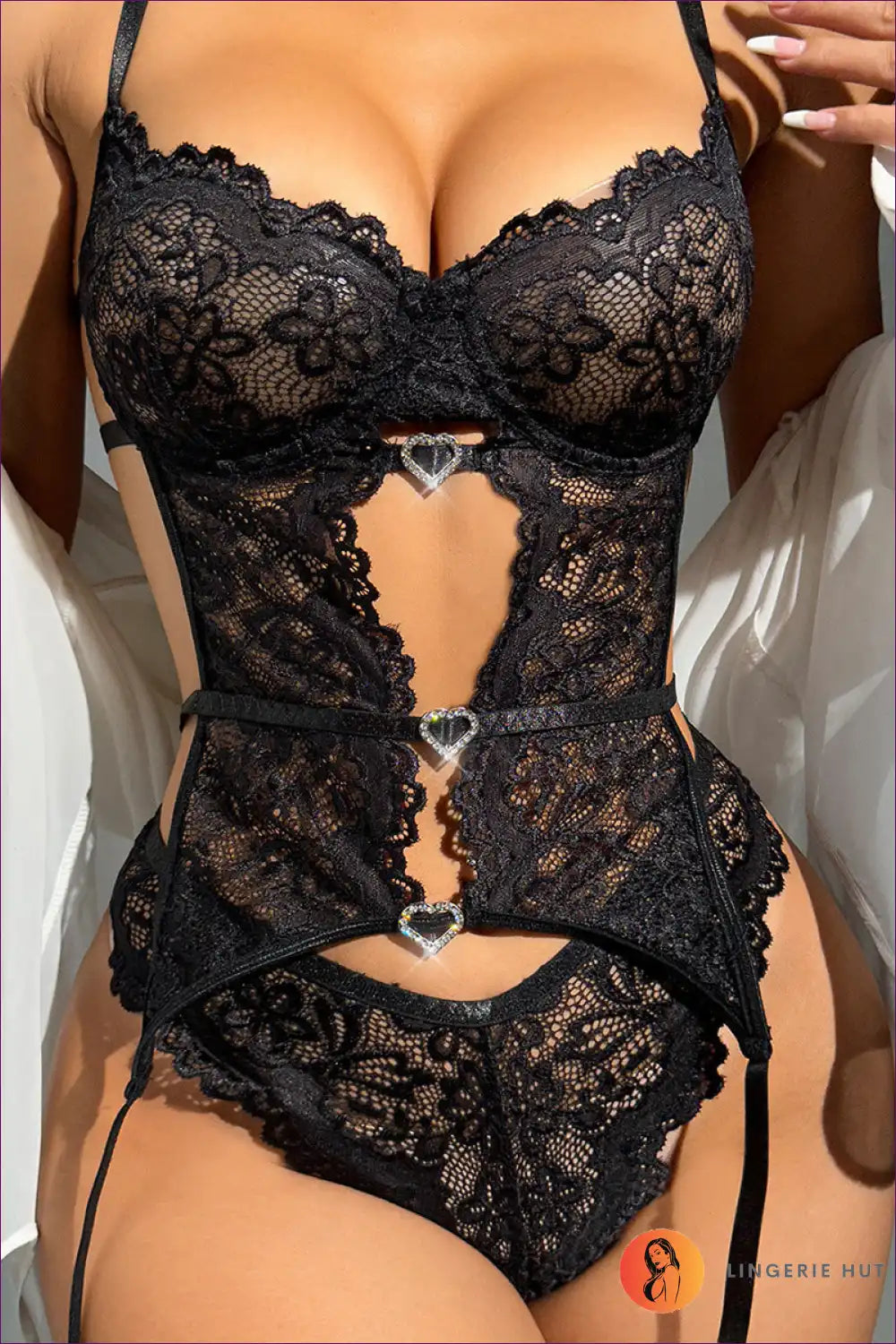 Discover The Secret To Allure With Lingerie Hut’s Sexy Hollow Out Cutout Lace Corset Suspender Set. a Blend