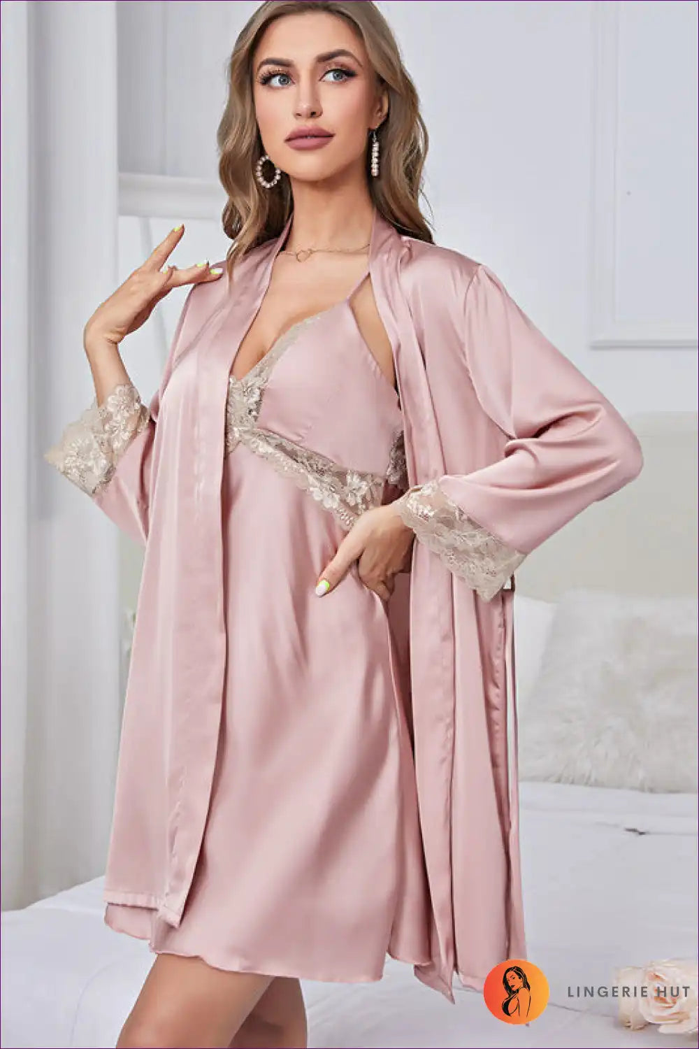 Indulge In Loungewear Luxury With Our Lace Cutout Ice Silk Long Sleeve Chemise With Robe Set. Soft, Stylish,