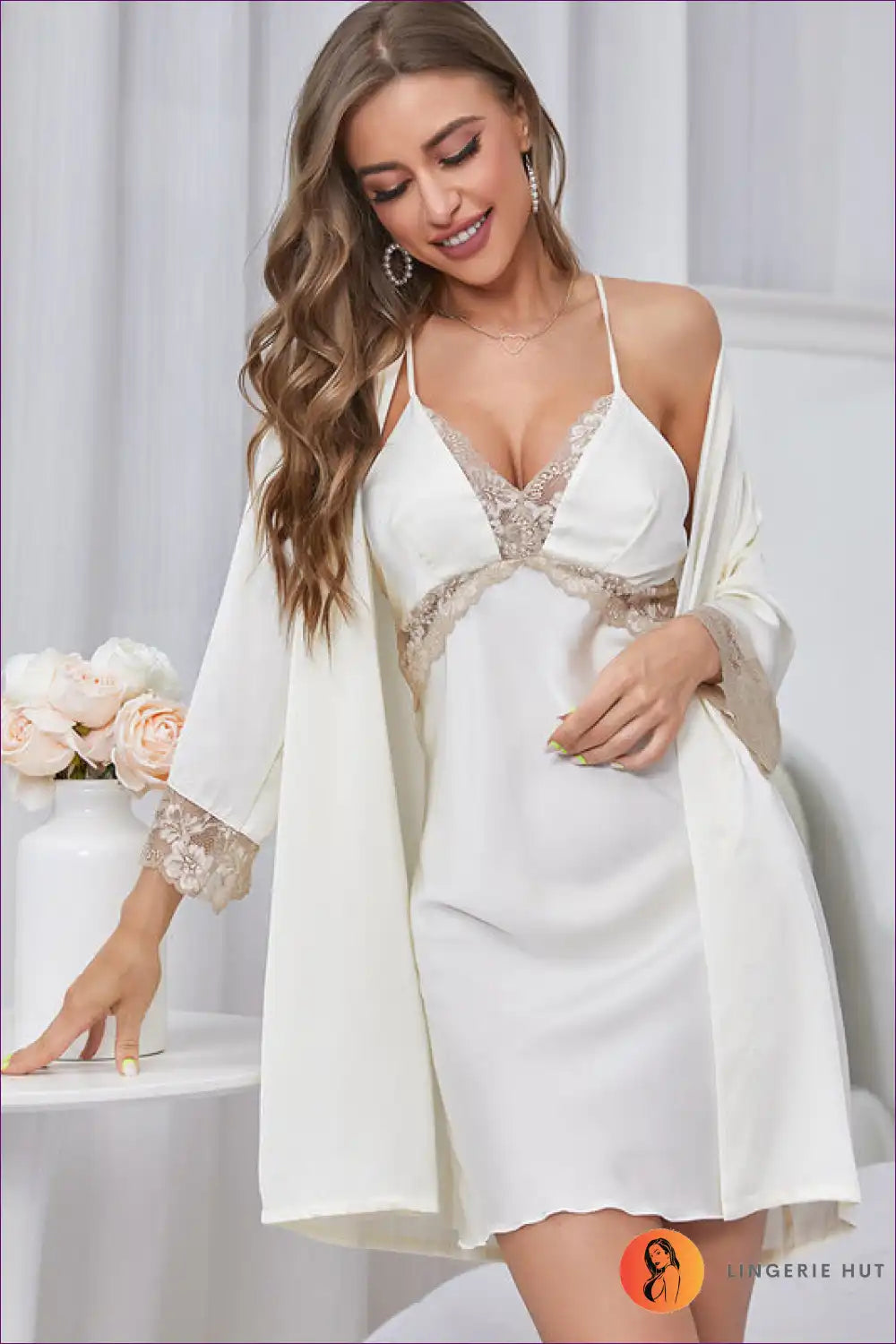 Indulge In Loungewear Luxury With Our Lace Cutout Ice Silk Long Sleeve Chemise With Robe Set. Soft, Stylish,