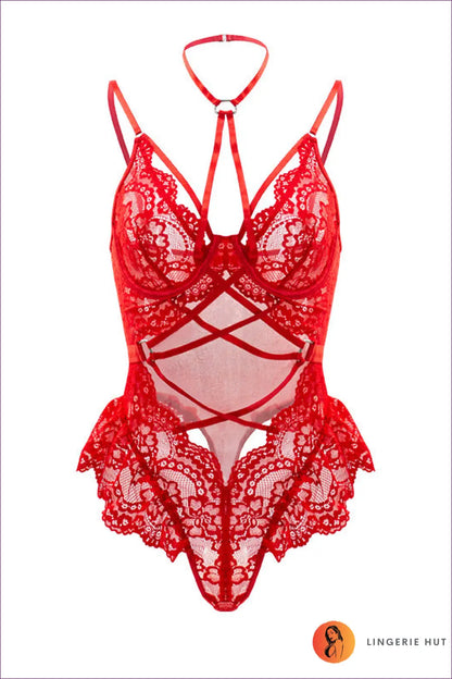 Lace Cutout Teddy Bodysuit - Worth a Second Look - s / Red - Lingerie Hut - Boudoir • Halter • Lace