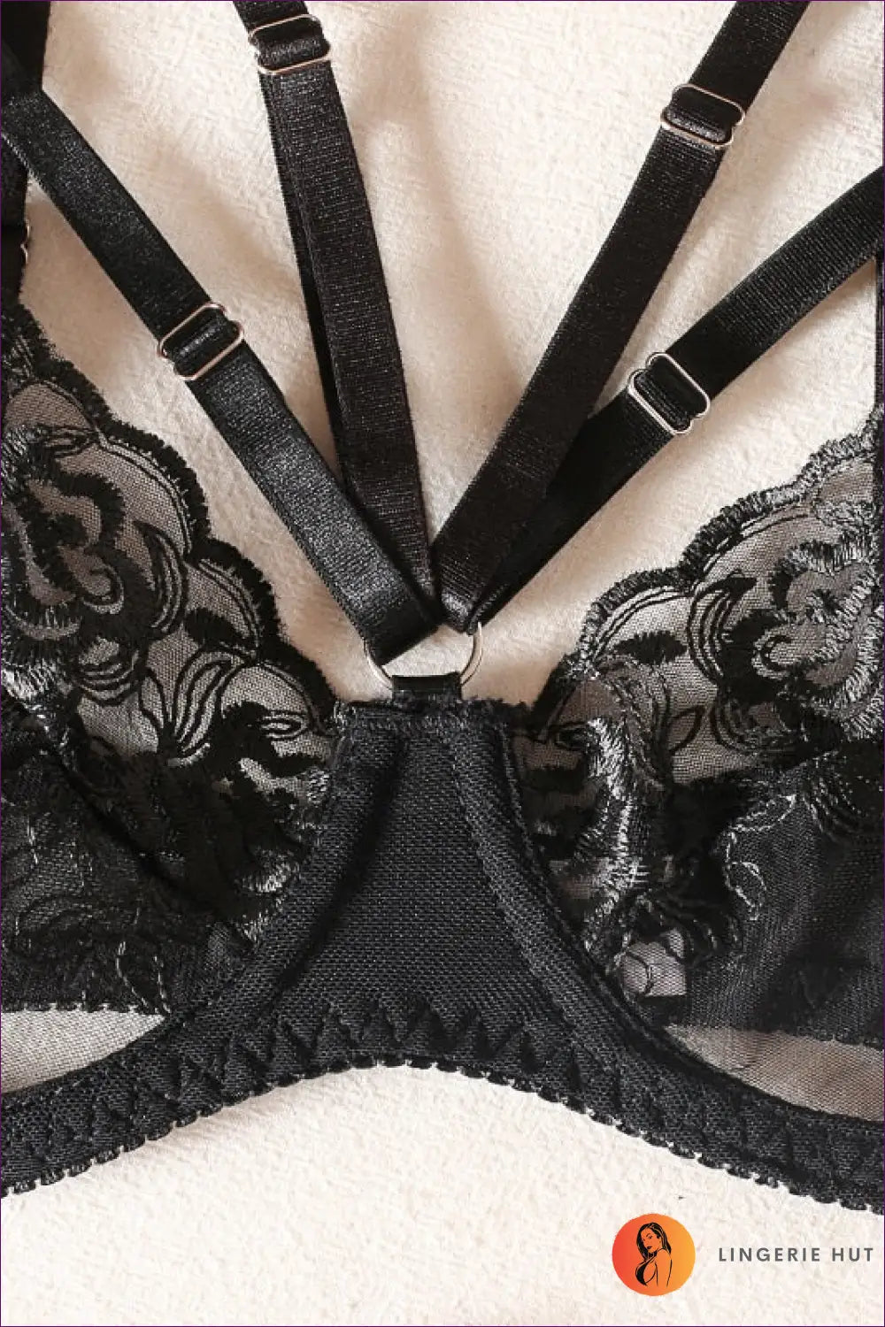 Elevate Your Allure With This Lace Embroidery Feather Harness Bra Set - a Seductive Fusion Of Intricate