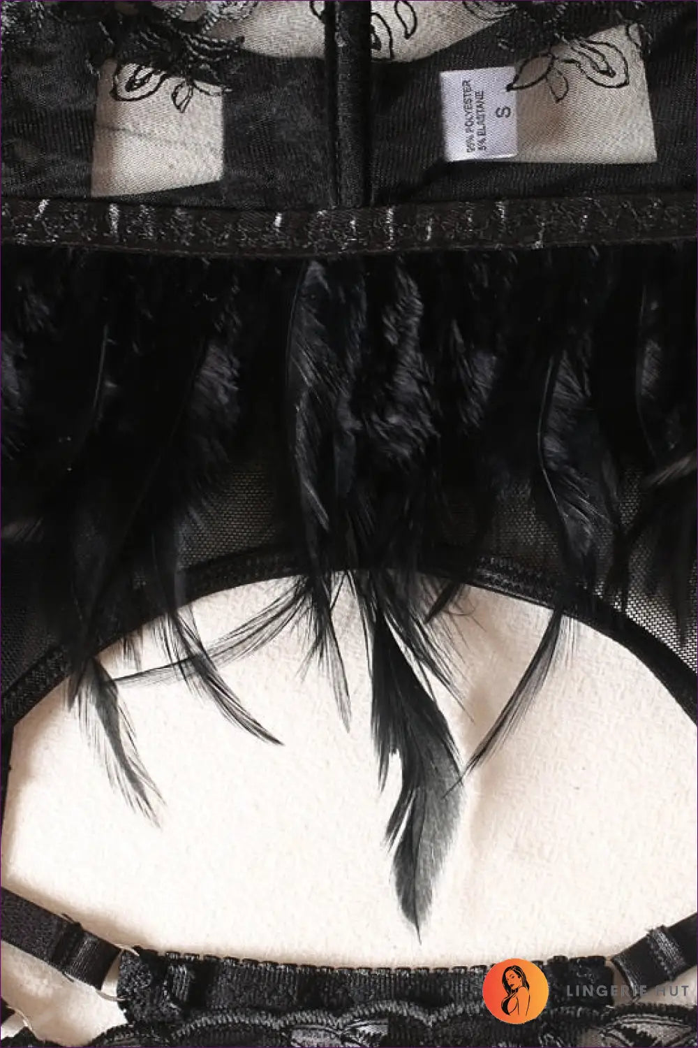 Elevate Your Allure With This Lace Embroidery Feather Harness Bra Set - a Seductive Fusion Of Intricate