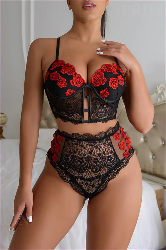 Step Into a World Of Sophistication With Lingerie Hut’s Lace Embroidery Strap Bra Set. High-waist Elegance