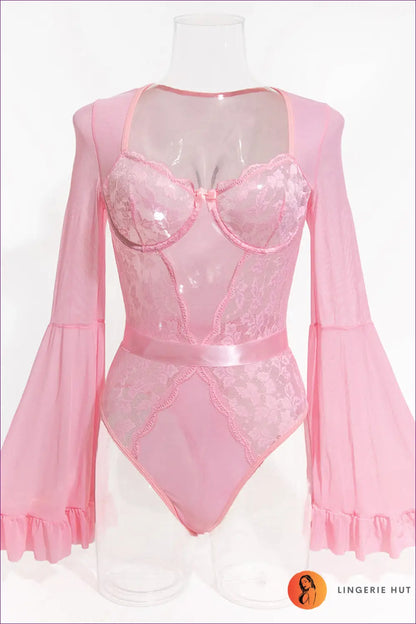 Lace Flared Sleeve Bodysuit - Vintage Romance Edit - s / Pink - Lingerie Hut - Boudoir • Bridal • Cutout • Evening Wear