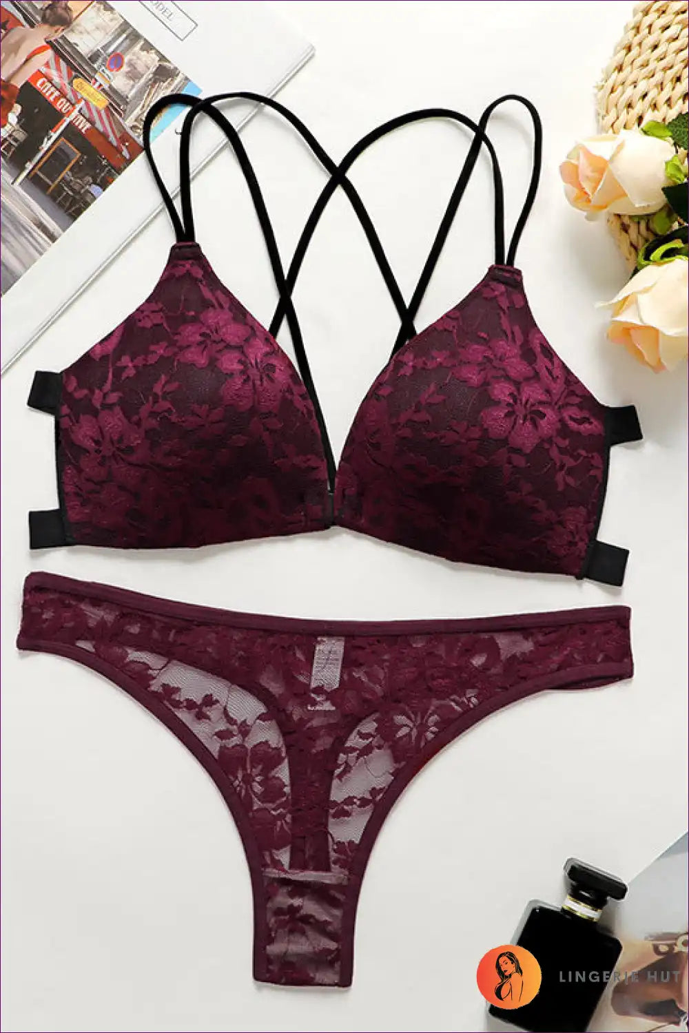 Lace Front Buckle Bra Set with Cutout Detail - Playful Romance for Boudoir, Set, Cutout, Date Night, Everyday