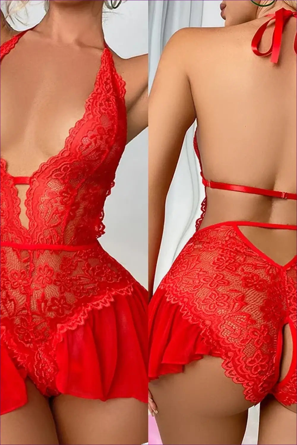 Lace Halter Babydoll Set with Cutout Back - Bold Romance - Red / s - Lingerie - just in • Hut