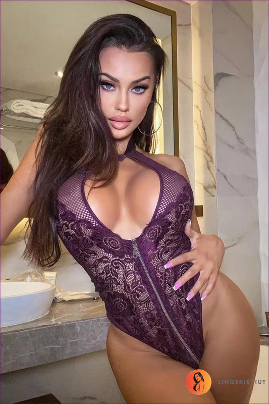 Lace Halter Bodysuit with Zipper Detail - Night out Confidence - Lingerie - Hut - All Season • Boudoir • Cutout • Date