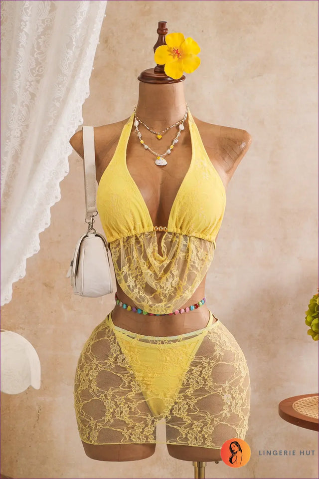 Lace Halter Bra with Sheer Lace Mini Skirt - Sunlit Lace Set