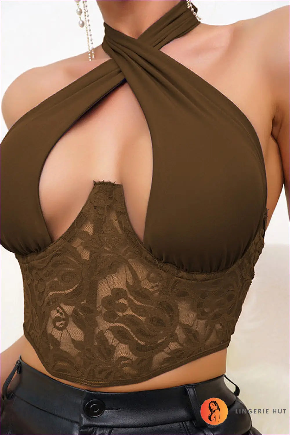 Lace Halter Corset with Cutout Detail - Summer Evenings Sorted - s / Brown - Shirts & Tops - Lingerie Hut - Boudoir