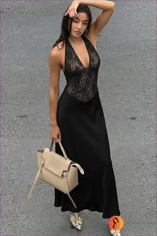 Lace Halter Maxi Dress with Sheer Bodice - Understated Glamour