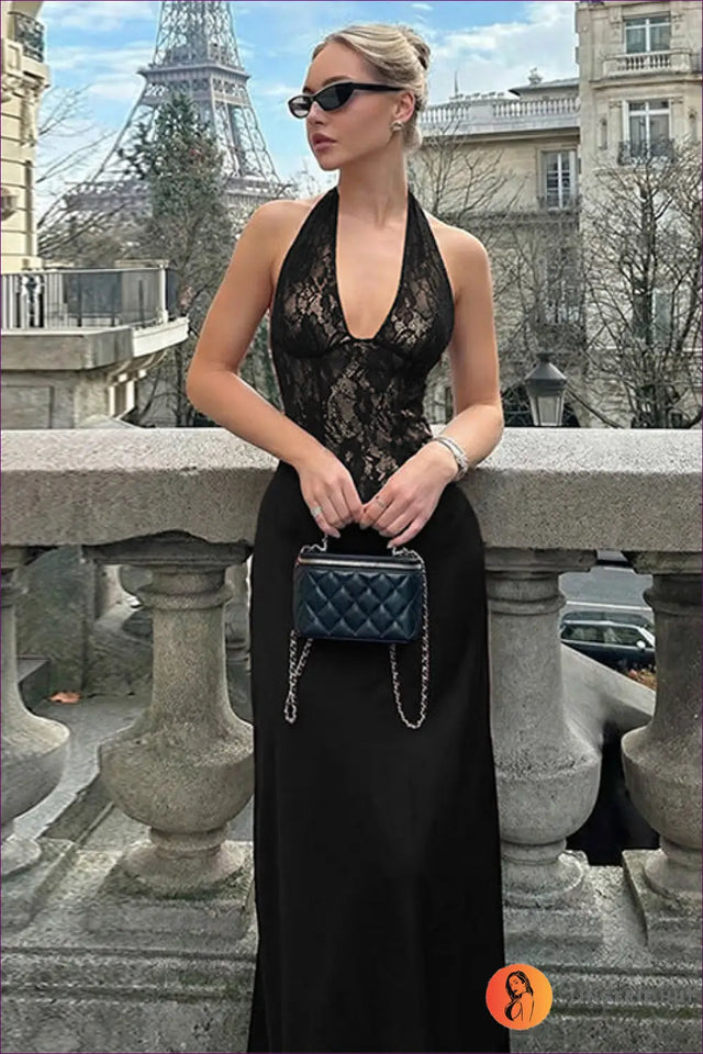 Lace Halter Maxi Dress with Sheer Bodice - Understated Glamour