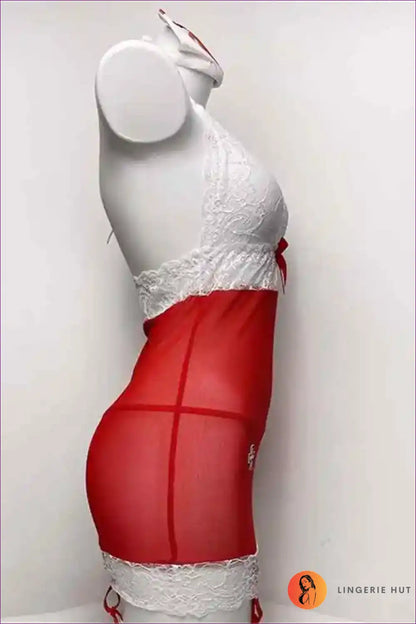 Lace Halter Nurse Dress with Mesh Panels - Bedroom Confidence for Babydoll, Boudoir, Glamour, Halter,