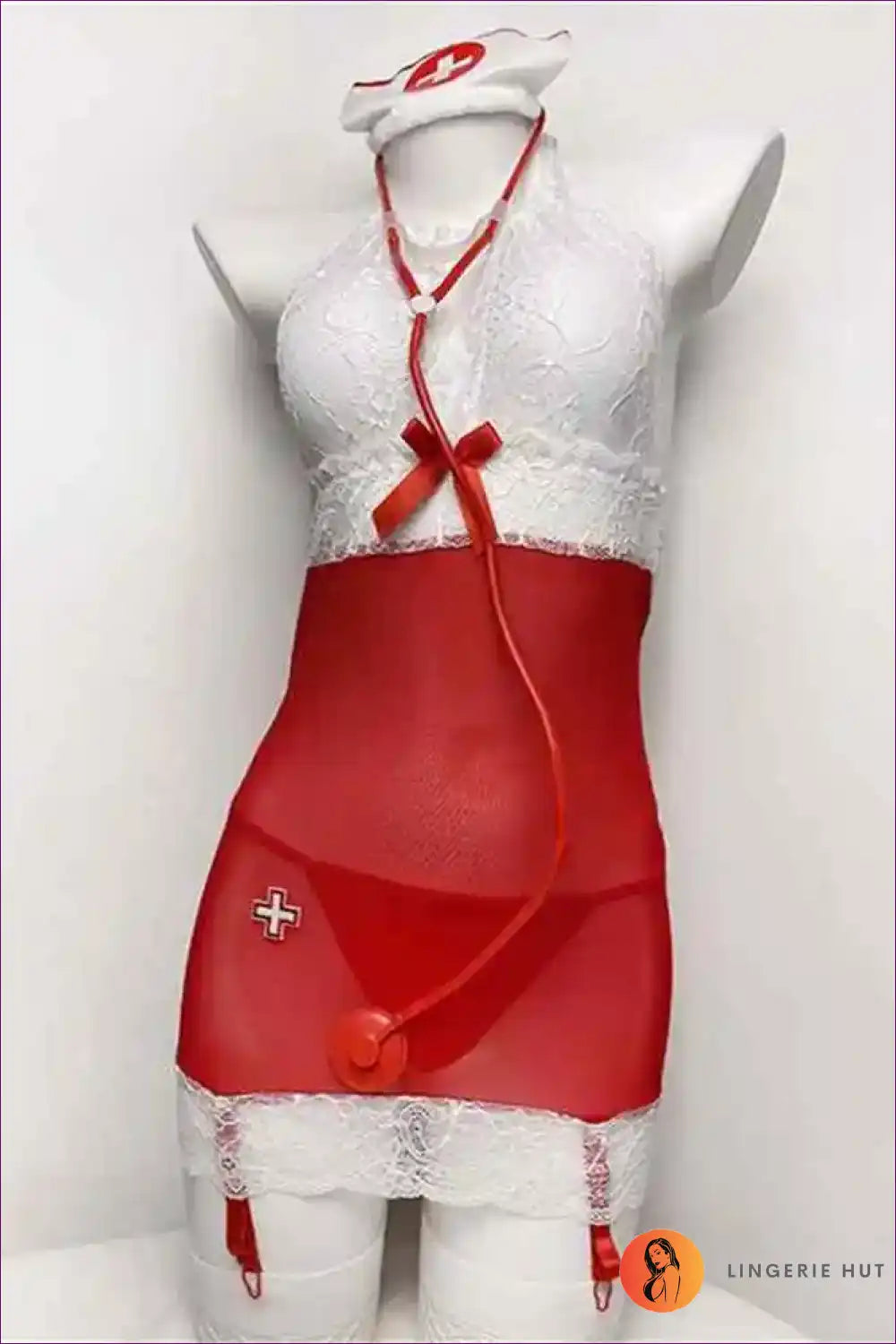 Lace Halter Nurse Dress with Mesh Panels - Bedroom Confidence for Babydoll, Boudoir, Glamour, Halter,