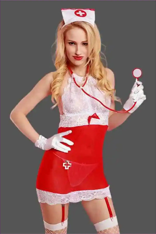 Lace Halter Nurse Dress with Mesh Panels - Bedroom Confidence for Babydoll, Boudoir, Glamour, Halter,